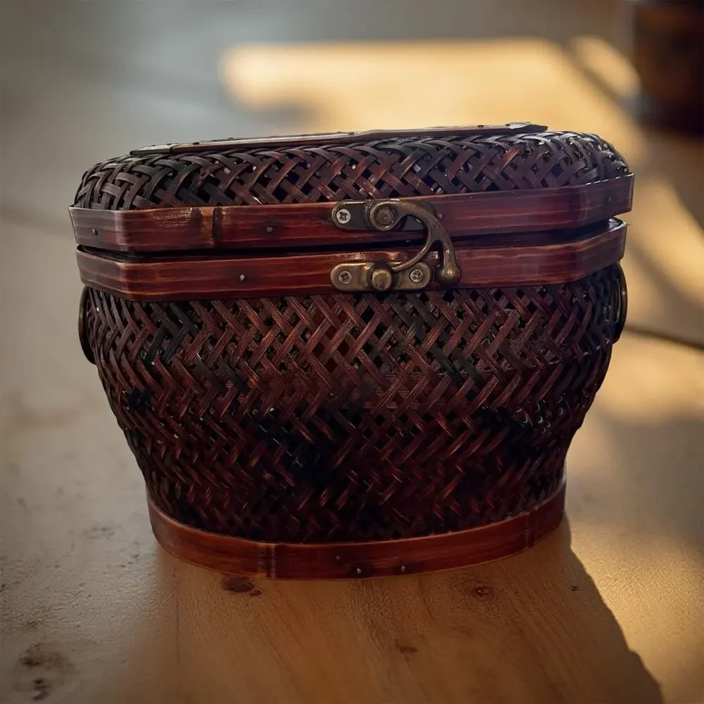 Wooden Octagonal Woven Storage Basket with Lid and Latch, 10.5 in Natural Brown